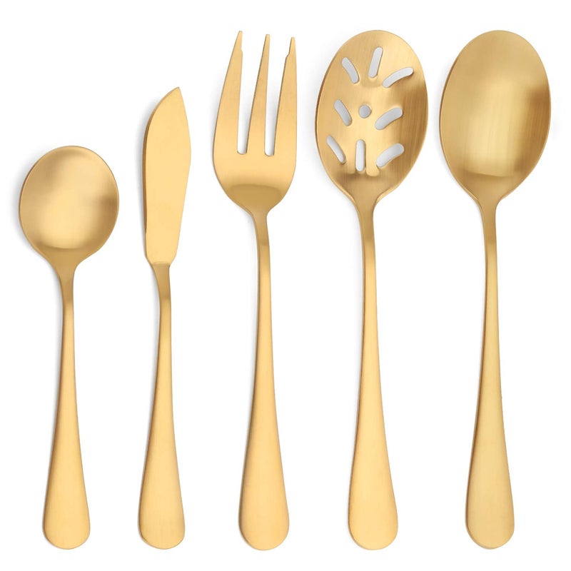 sharecook Matte Gold Serving Setï¼ŒSHARECOOK 5-Piece 18/0 Stainless Steel Large Hostess Set with Round Edge, Satin Finished, Dishwasher Safe -Spoons, Forks,Butter Knife& Slotted Spoon - Image 1
